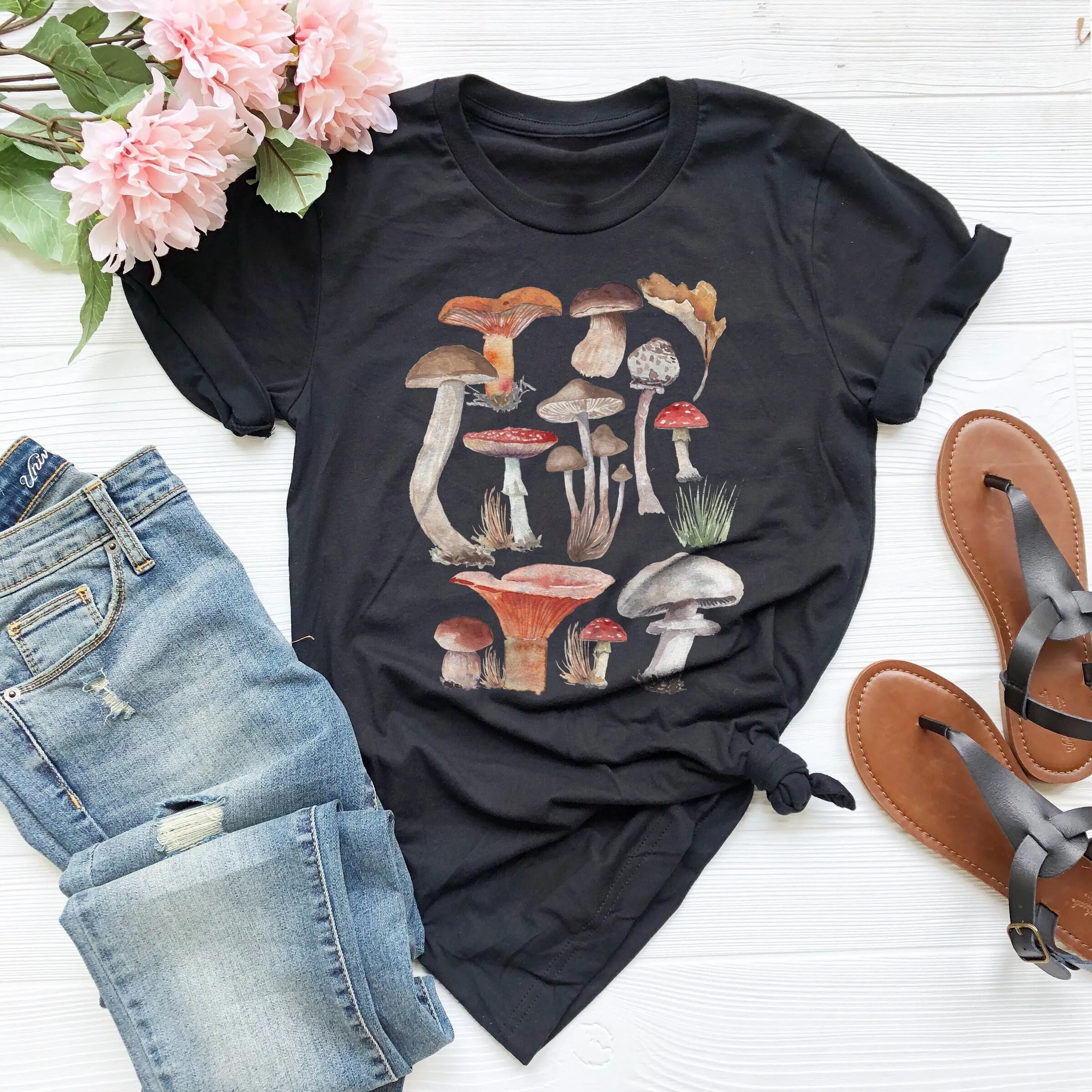 Vintage Illustration Mushroom Decor Art T Shirt Botanical Nature Lover Plant Hippie Mothers Day