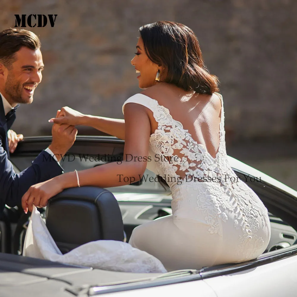 MCDV Luxus Hochzeit Kleid Applique Scoop Backless Cap Sleeve Meerjungfrau Satin Braut Party Kleider Angepasst vestido de novia boda