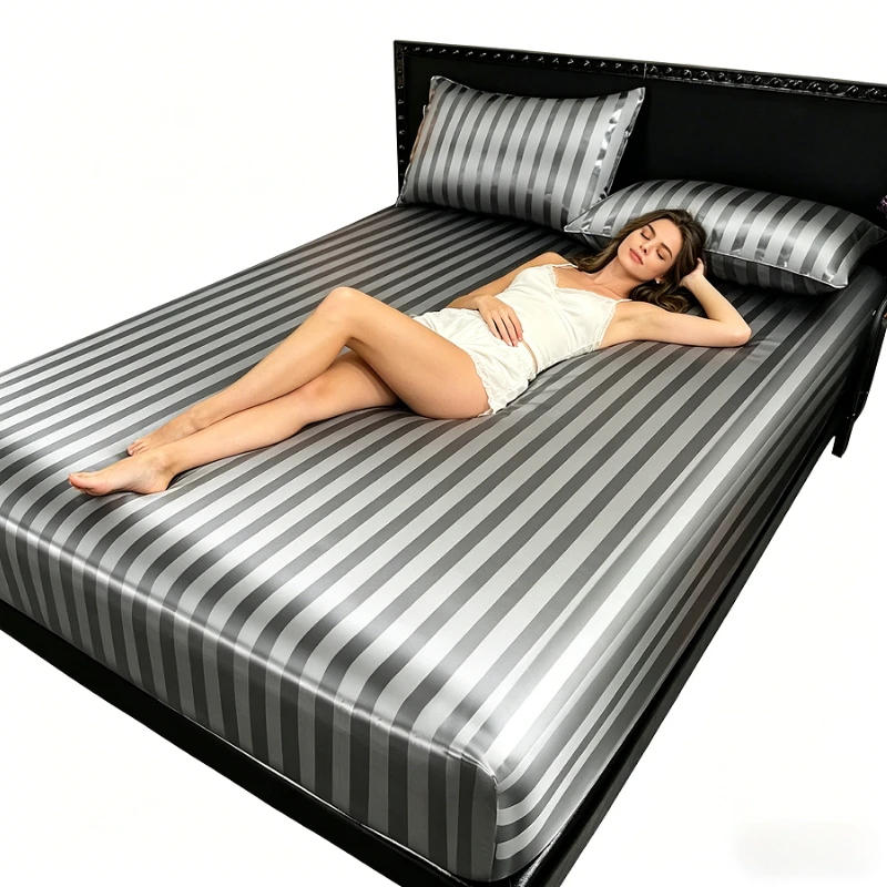 Luxury Satin Striped Fitted Sheet - Silky Soft Breathable, Deep Pocket, with Elastic Band, Bed Cover for Twin/Full/Queen/King