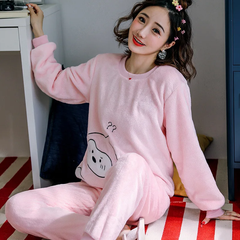 Kalınlaşmış sıcak pijama kış pazen o-boyun kız Loungewear 2 adet Set bayan pijama uzun kollu karikatür ayı Loungewear