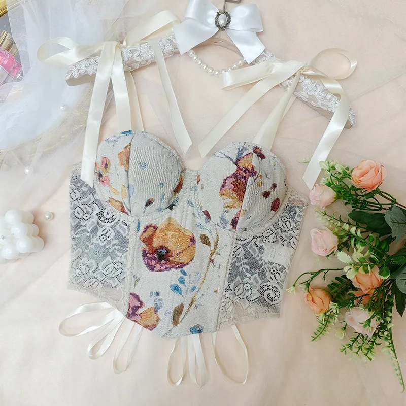 

Flower Printed Lace Up Crop Tops Corset Sexy Sleeveless Backless Halter Corsets Women Slim Camisole Vest Fashion Tank Top Summer