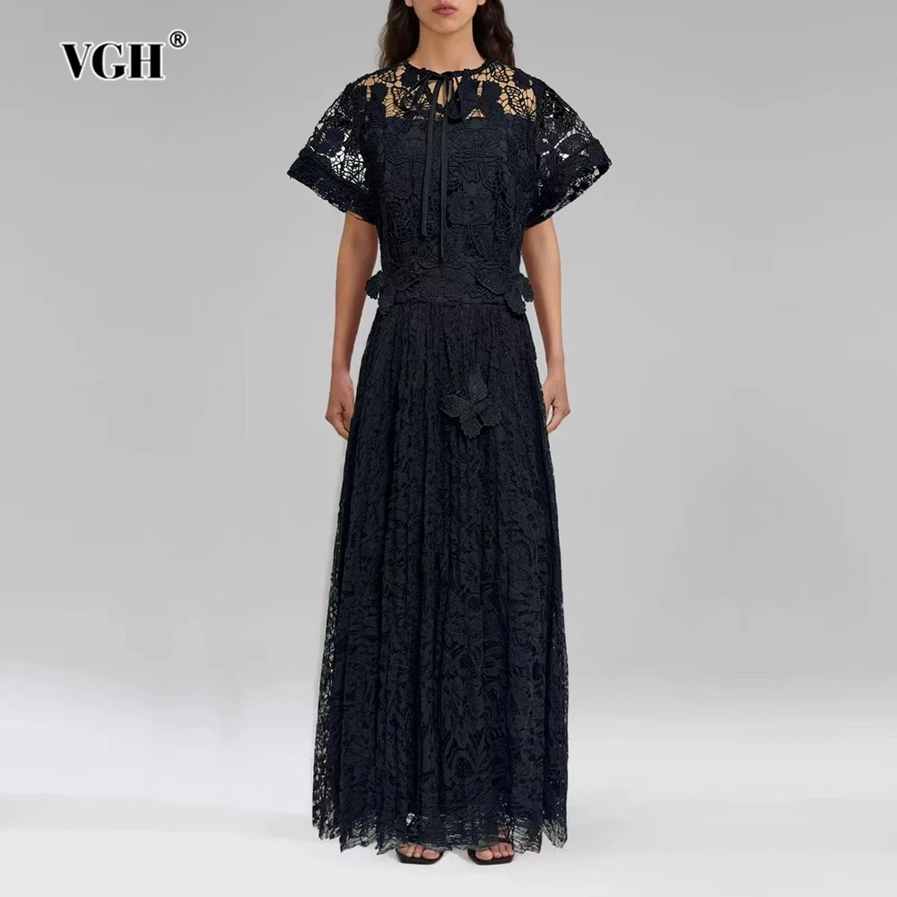 

VGH Solid Temperament Slimming Lace Dresses For Women Round Neck Short Sleeve High Waist Elegant Dress Female Fashion Style New