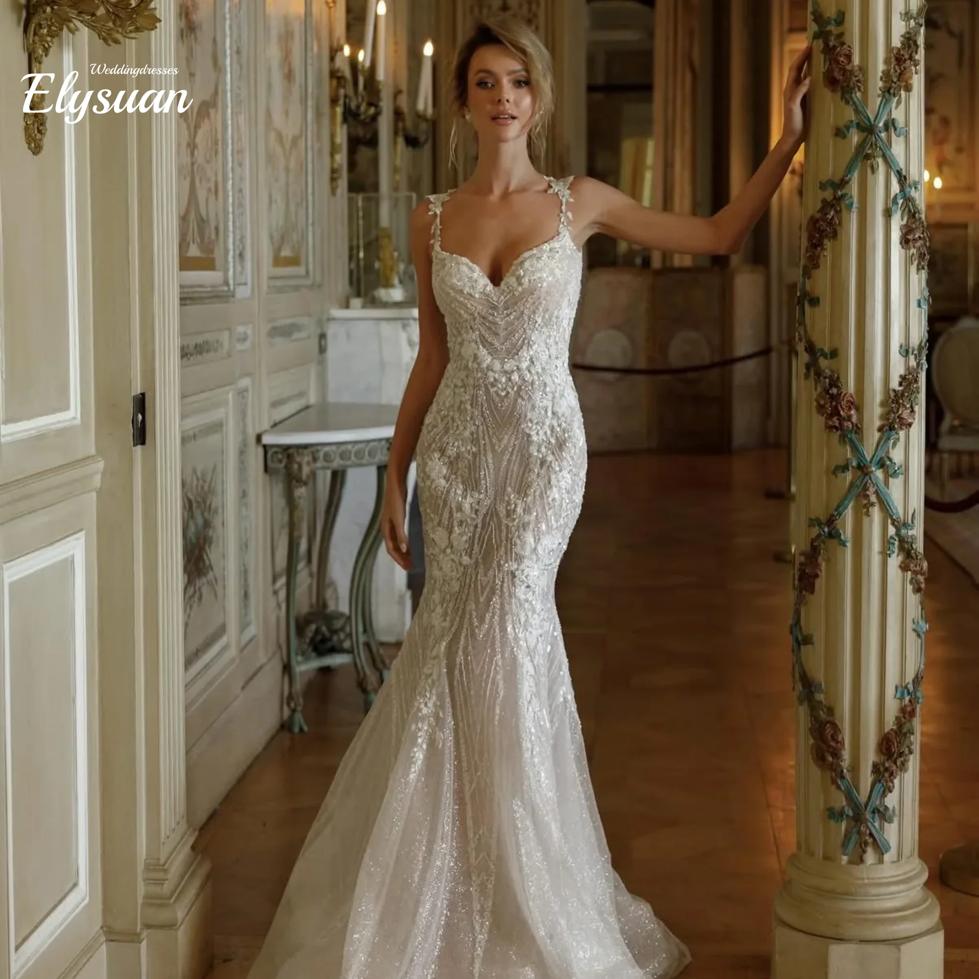 Customized Backless Mermaid Lace Sequin Bridal Dress Removable Shiny Tull Trailing Wedding Dresses  Vestidos De Novia
