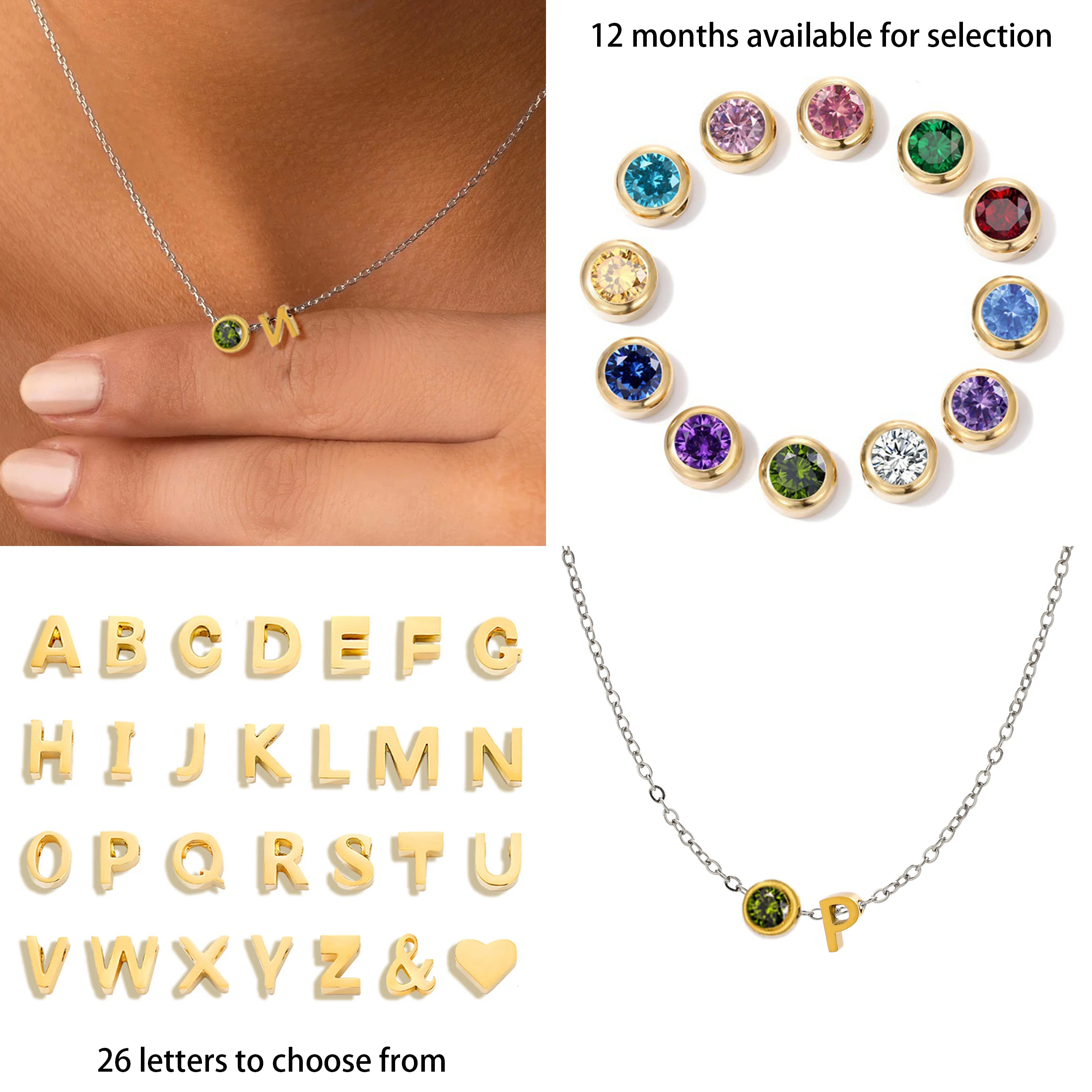 Elegante Edelstahl Damen Halskette, Großbuchstaben, Strass Anhänger, Geburtstags stein, DIY Gedenk schmuck