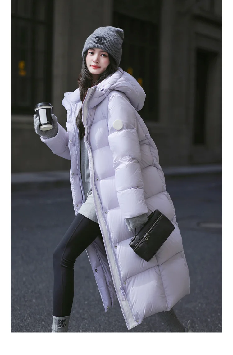 Winter High Quality Long Hooded Down Jacket Women White Duck Down Warm Thick Outwear Female Loose Parker Knee Length Down Jacket