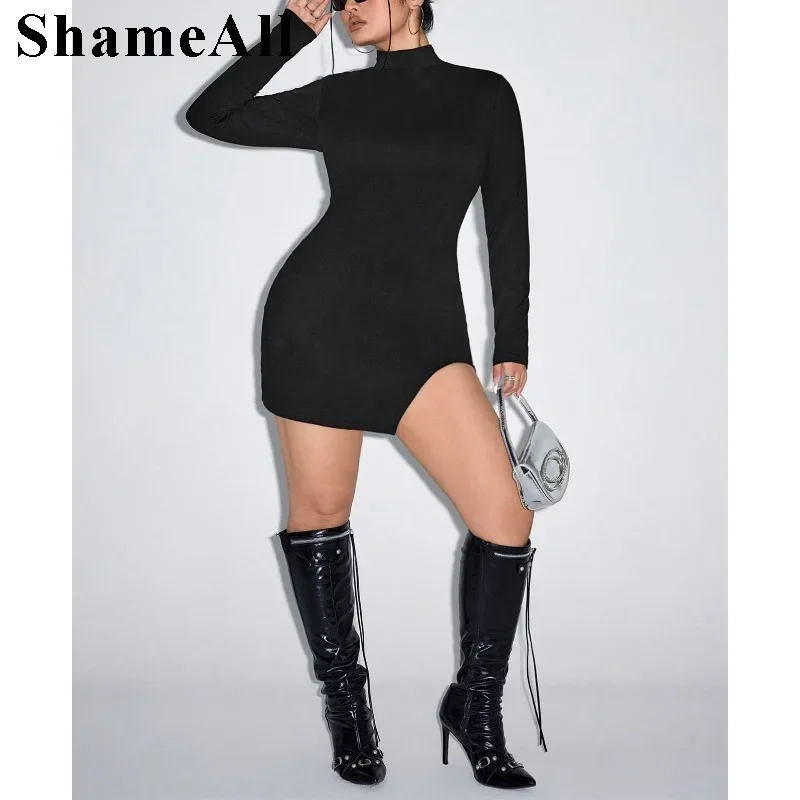 Feminino plus size cor sólida manga longa simples cabido vestido curto gola alta cor sólida sexy recorte volta saia