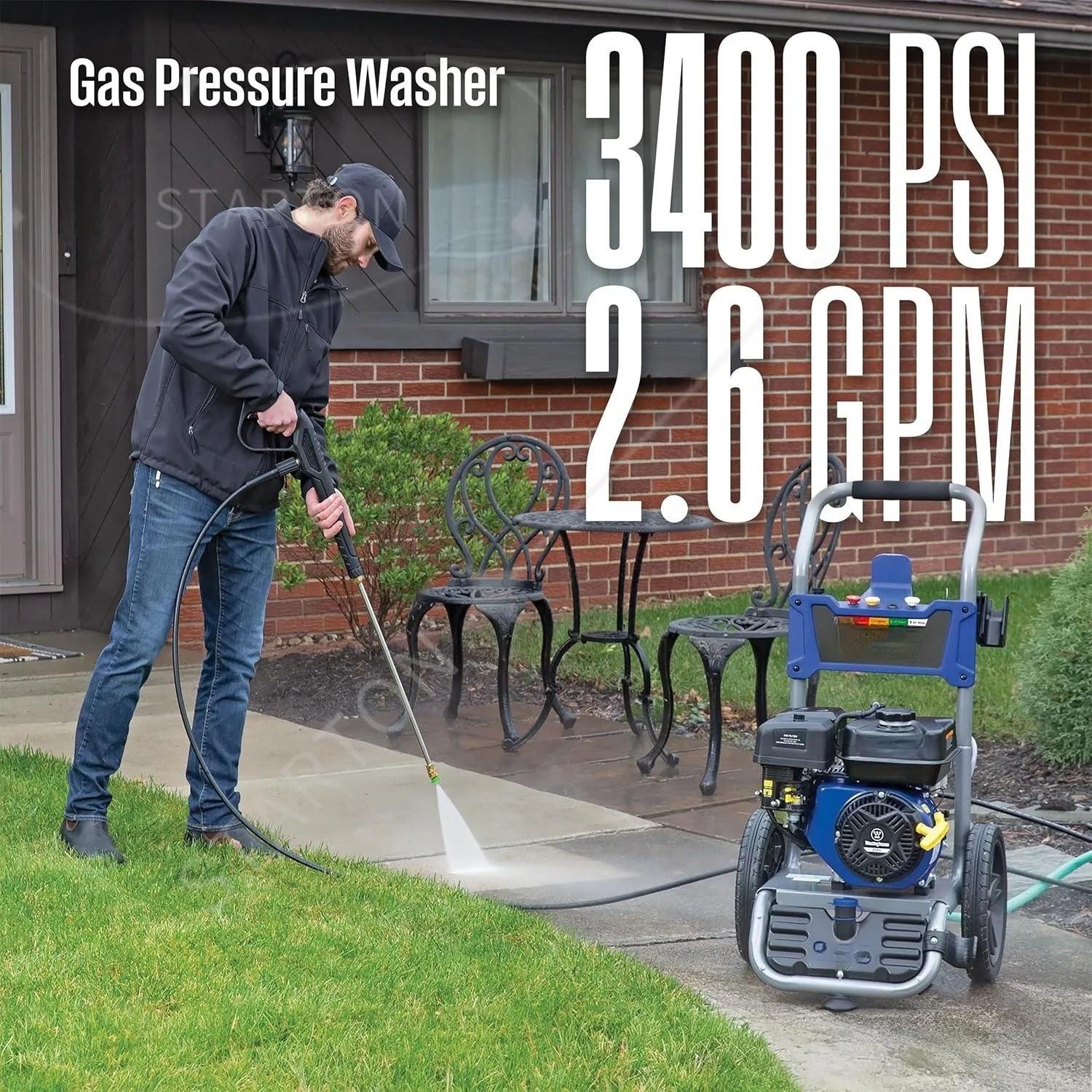 Gas Pressure Washer, 3400 PSI and 2.6 Max GPM, Onboard Soap Tank, Spray Gun and Wand
