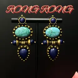 Vintage Jewelry European and American Turquoise Blue Natural Stone Pendant Earrings Western Exaggerated Earrings