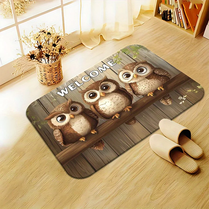 1pc Welcome Owls On Branch Wooden Board Printed Floor Mat, Decorative Area Rug for Entrance, Porch, Home Decor