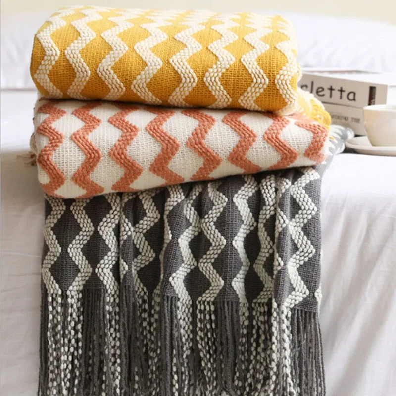 Nordic Knitted Throw Blankets with Tassel Striped Blanket for Beds Couch Travel Blanket Soft Scarf Shawl for Women