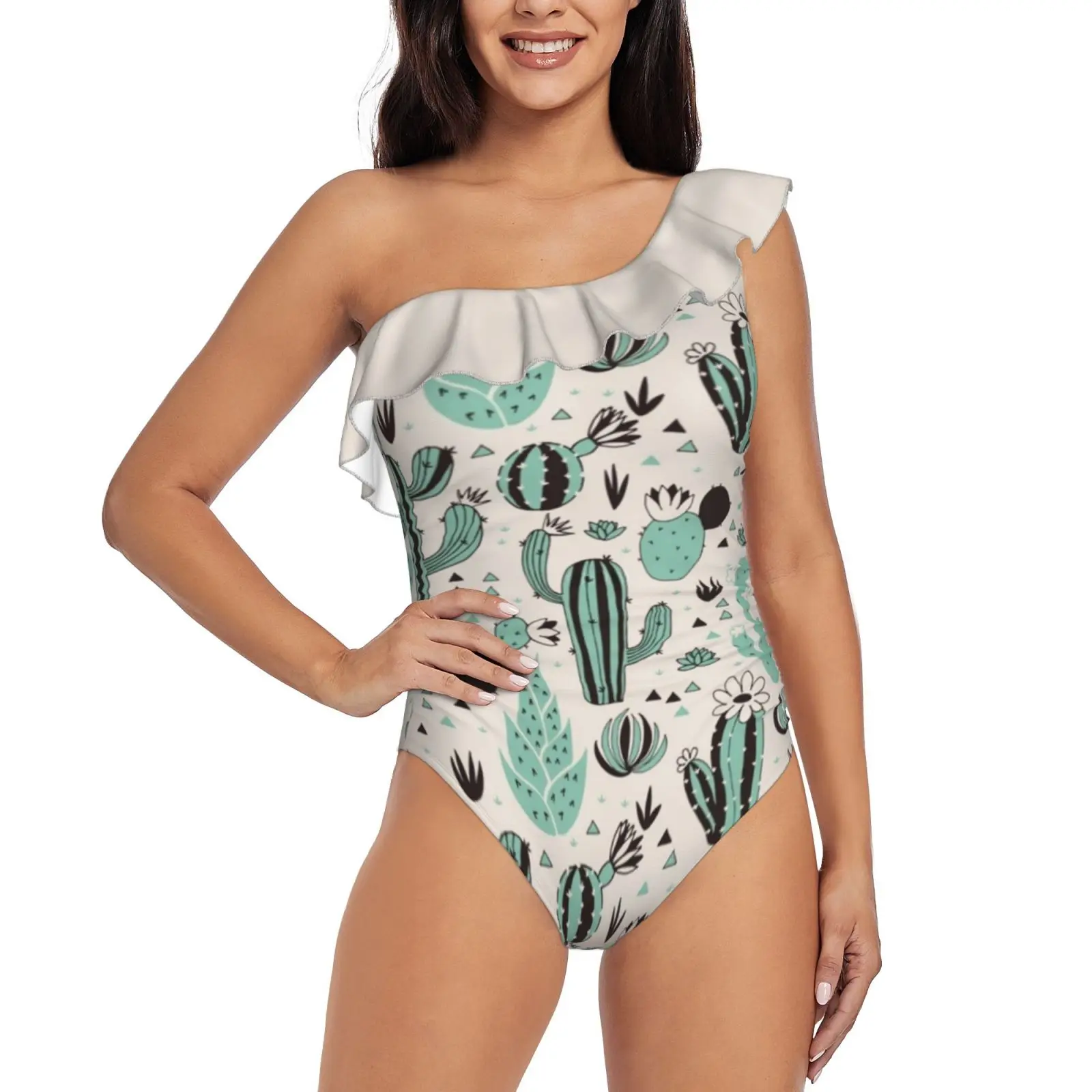 Cacti One Shoulder Ruffle Swimsuit One-Piece Beach Bathing Suit Print Sexy Women Swimsuit Hand Drawn Love Vector Flower Cactus