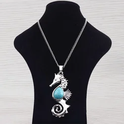 Tibetan Silver Large Sea Horse Seahorse Hippocampus Pendant Necklace Adjustable Length Long Jewelry Choker Link Chain Lagenlook