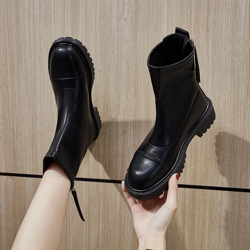 Taoffen Casual Ankle Boots Women Lace up Thick Sole Block Heels Round Toe Anti-slip Boots Thick Water Proof Zipper Lady Shoes