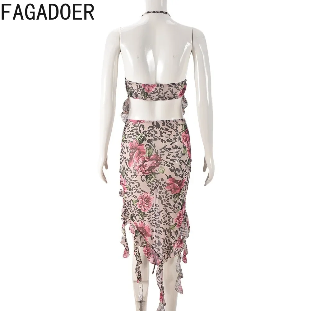 FAGADOER Sexy Flowers Printing Ruffle Tassels Two Piece Sets Outfits Women Halter Slim Irregular Top And Irregular Skirts Outfit