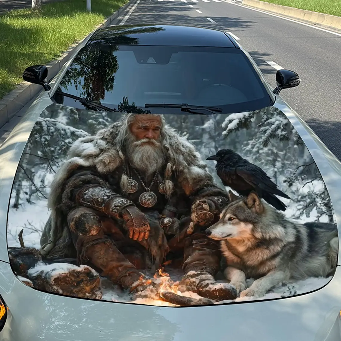 

Viking Warriors And Animal Combination Car Hood Wrap - Self-Adhesive Waterproof Scratch-Resistant Vinyl Decal, Durable PVC Car H