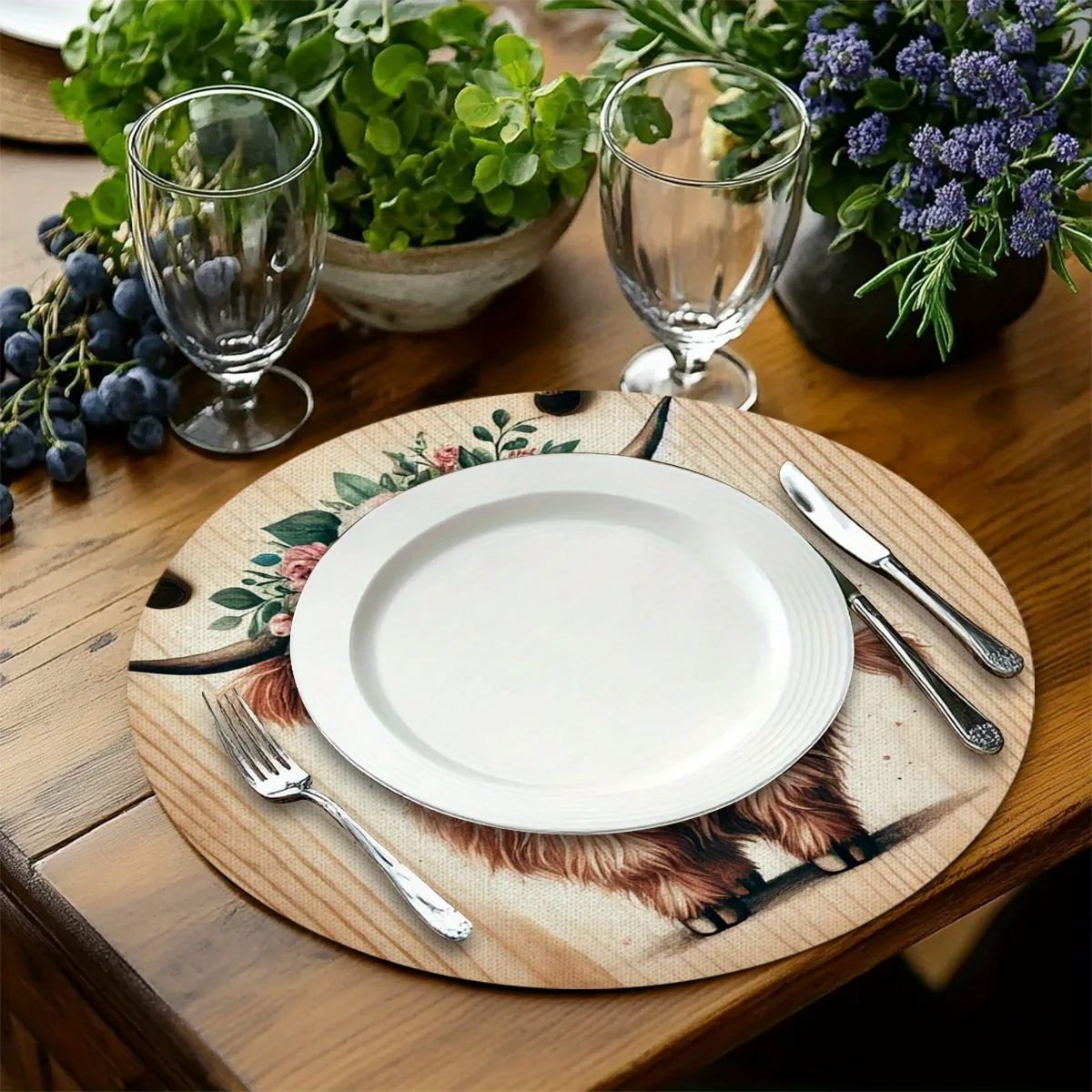 VIKAMA Round Farmhouse Placemats Highland Cow Floral Linen Mats Non-Slip Heat Resistant for Rustic Dining Table Decor