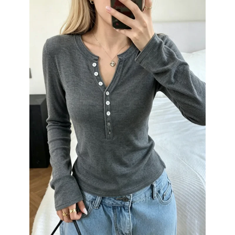 New Chic Korean Women Henley Neck Ribbed Knit Long Sleeve Top, Half Button Slim Fit Ivory Casual Basic Cropped Base Layer Blouse