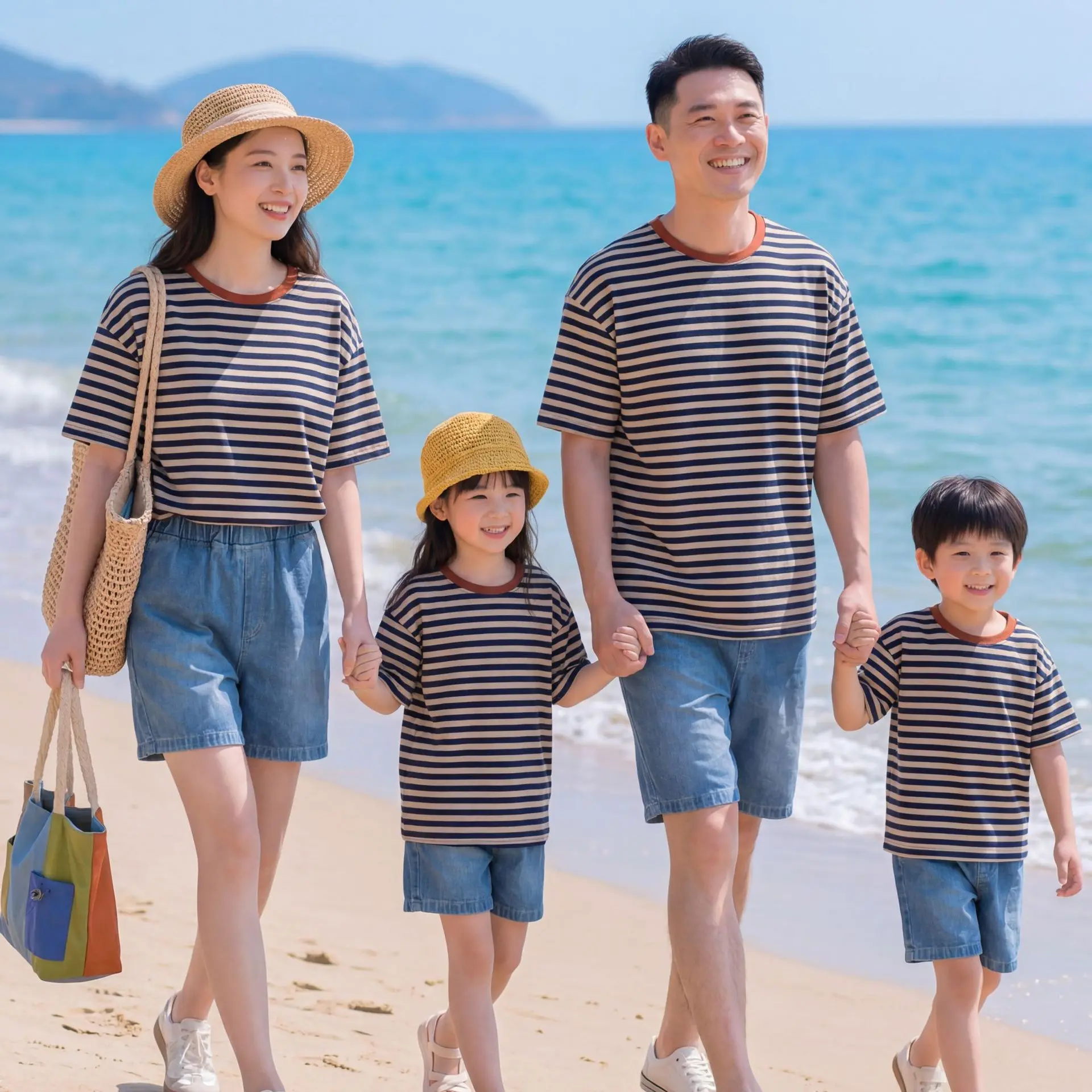 2026 Summer Striped Family Matching Outfits 3P Mom Dad Kids Casual T-shirt & Denim Shorts Set Beach Vacation Clothes