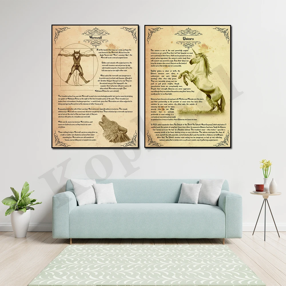 Póster de decoración de pared para el hogar, libro de texto de hombre lobo Retro abstracto, anatomía, bestia mítica, folclore