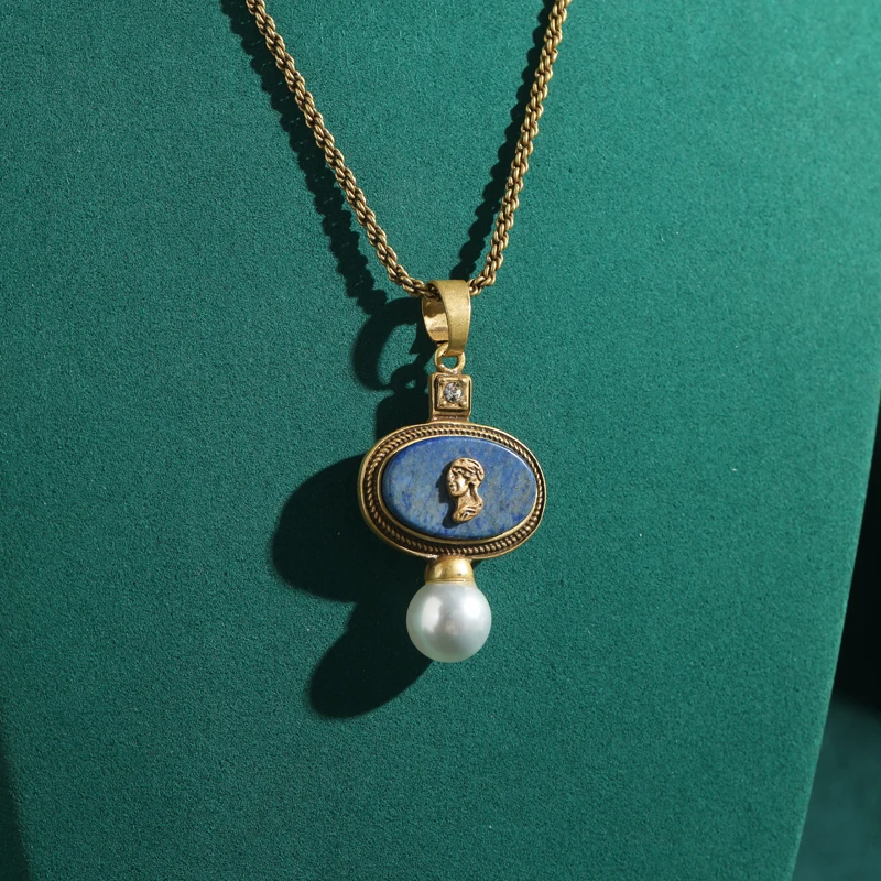 

Vintage Lapis Lazuli Pendant Necklace Gold Color Carved Beauty Portrait Chain Wedding Pearl Luxury Designer Valentine Day Gift
