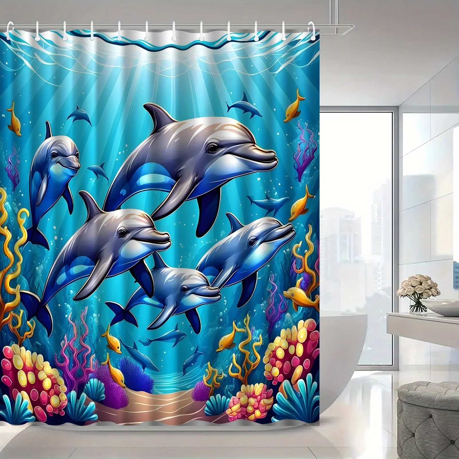 

"Ocean Dolphin Shower Curtain - Vibrant Coral Reef Design, Waterproof Fabric for Bathroom Decor, Ideal Gift for Marine Life