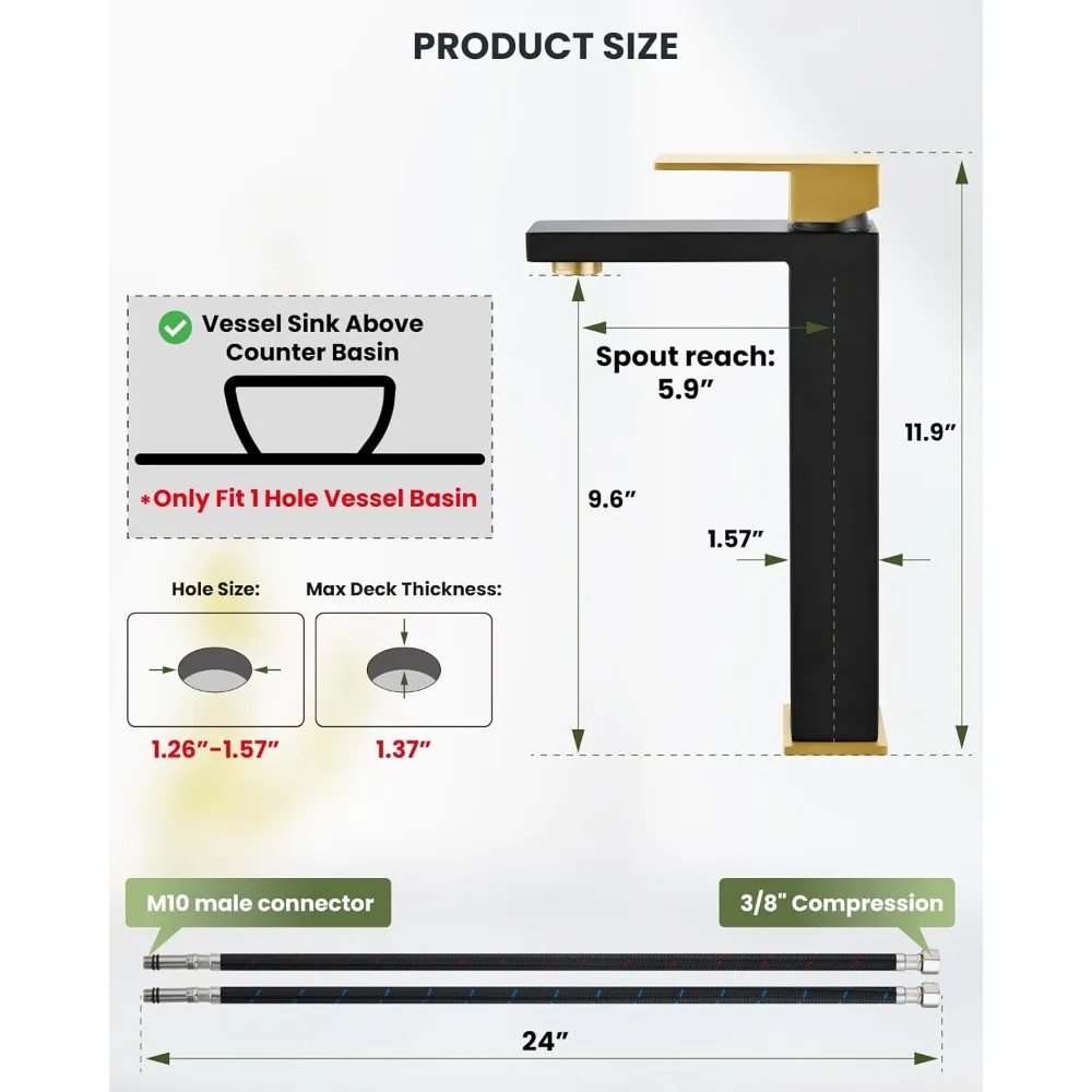 صنبور سفينة بفتحة واحدة باللون الأسود غير اللامع والذهبي المصقول، خلاط زينة بمقبض واحد مع خراطيم إمداد وتصريف منبثق غير يتدفق