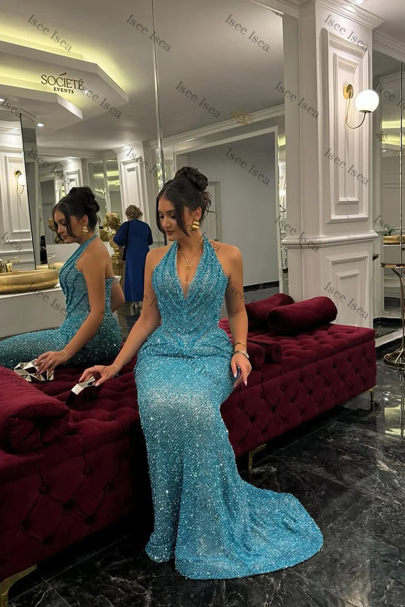 ชุดราตรีสีเขียวอมฟ้าแบบผูกคอ หรูหรา ปี 2025 ผ้าทูลล์ คอวีลึก ทรงเมอร์เมด สวยงาม ชุดราตรีงานพรอมยาวกรอมพื้น ชุดประกวด สามารถสั่งตัดได้