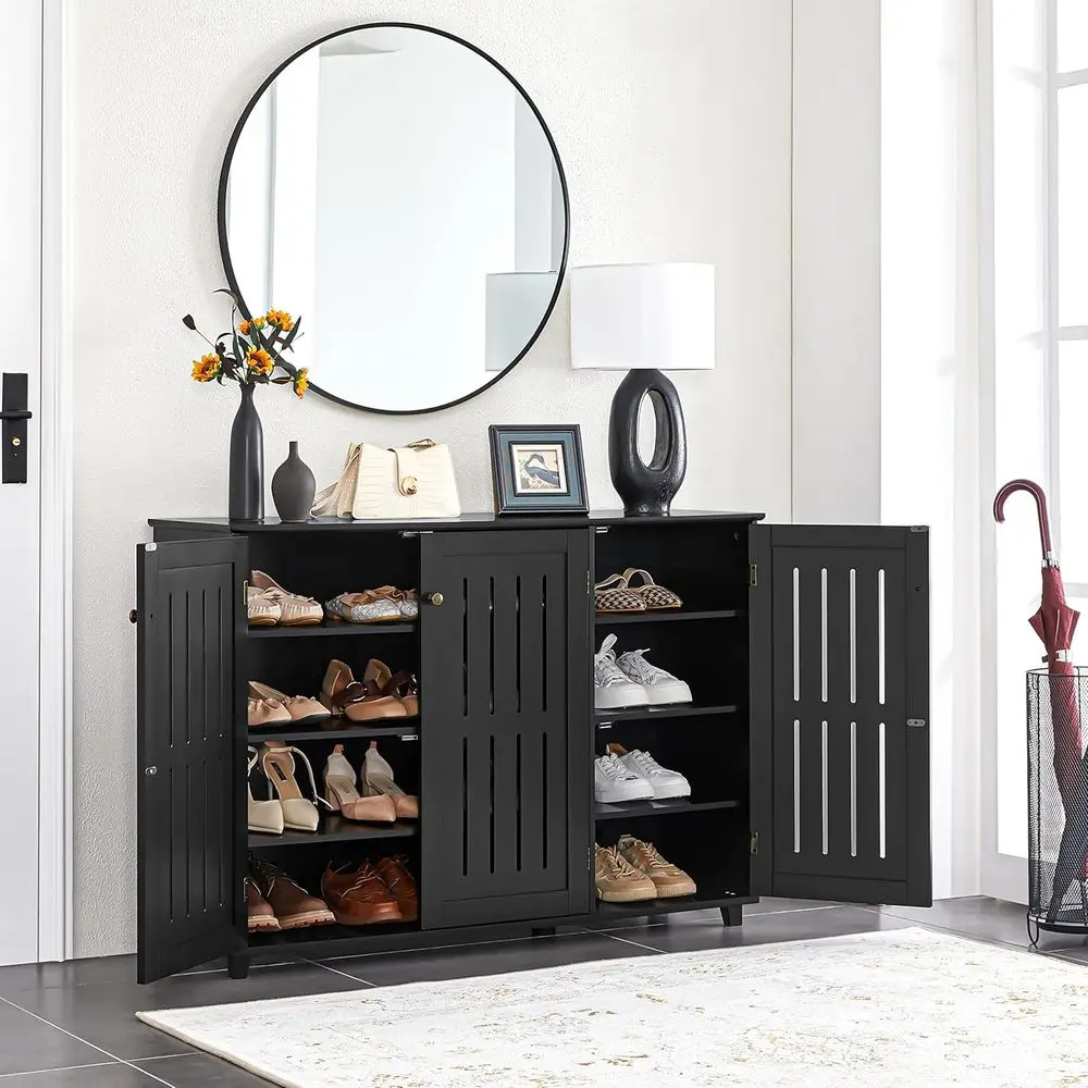 Freestanding 4-Tier Shoe Storage Cabinet with 3 Doors & Adjustable Shelves, Entryway Bathroom Footwear Organizer view 2