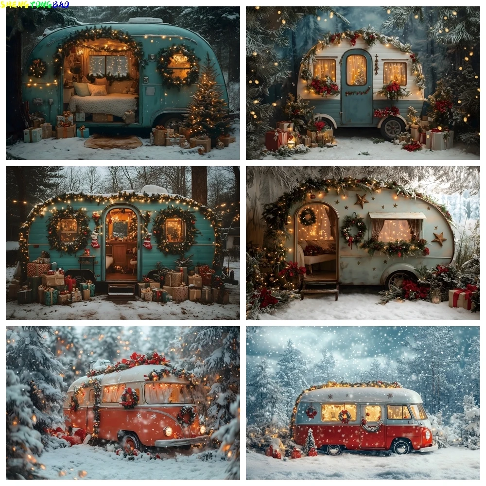 

Winter Christmas Retro Truck Camping Background Photography Forest Xmas Trees Snow Backdrop Family Kids Portrait Photo Studio