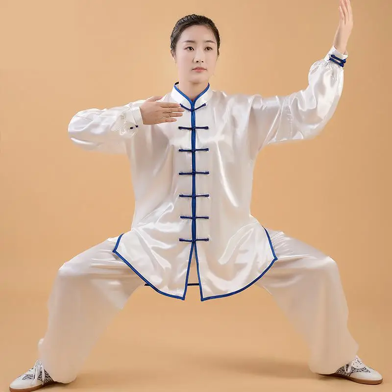 Women Silk Satin Yaga Tai Chi Suit Female Chinese Style Stand Collar Kung Fu Wushu Martial Arts Uniform Performance Jacket Pants