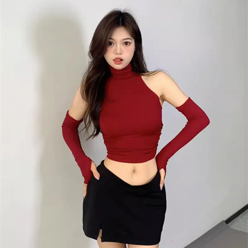 セクシーでスパイシーなショートノースリーブトップ、ハイカラー、プリーツデザイン、袖カバー付き、長袖、スリムフィット、肩出しベースシャツ