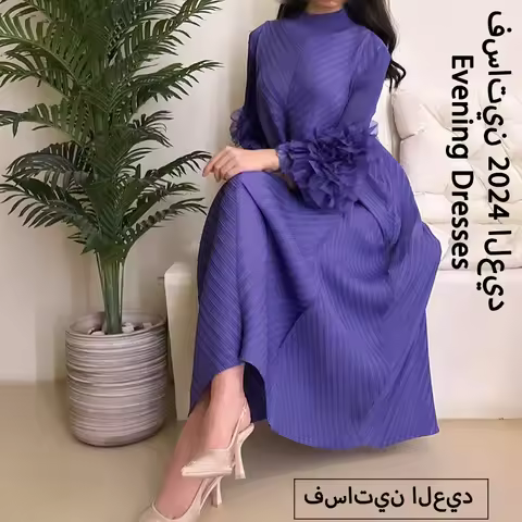 YUDX Luxury Purple Miyake Pleated High Neck Maxi Evening Dress, Ruffle Sleeve Women's Wedding Guest Ramadan Party Dress 2026 New