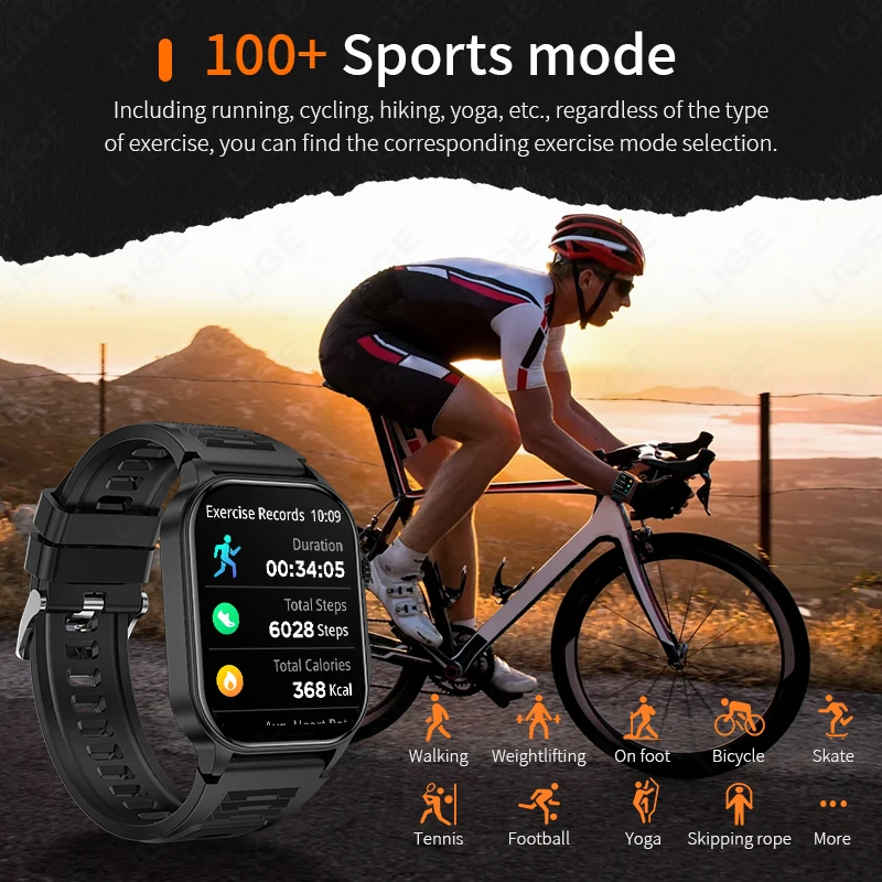 LIGE Smart Uhr Männer Bluetooth Anruf Benutzerdefinierte Uhr Zifferblatt Sport Fitness LED Taschenlampe Militär IP68 Wasserdichte AI Stimme Smartwatch