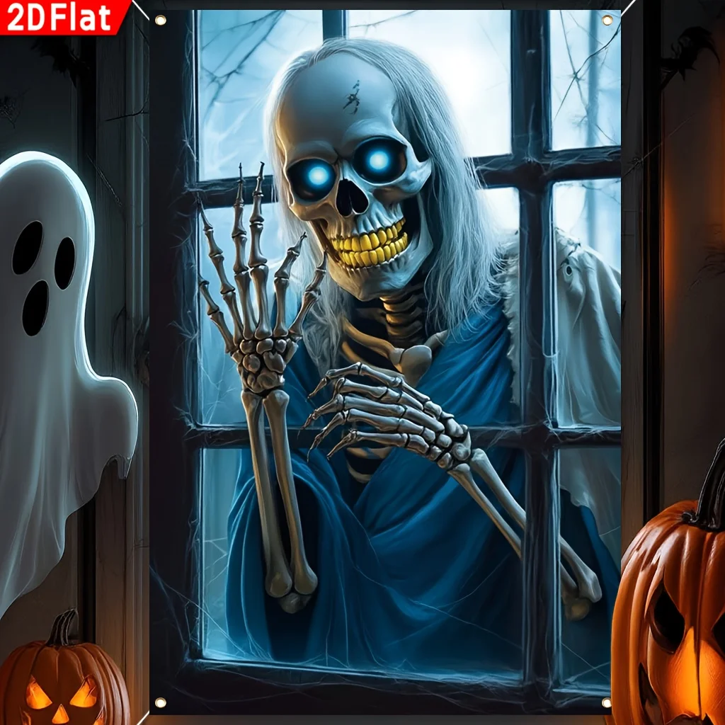 Design plat 2D, un crâne terrifiant aux yeux lumineux dévorant le regard des spectateurs à travers les barreaux des fenêtres, une bannière d'Halloween
