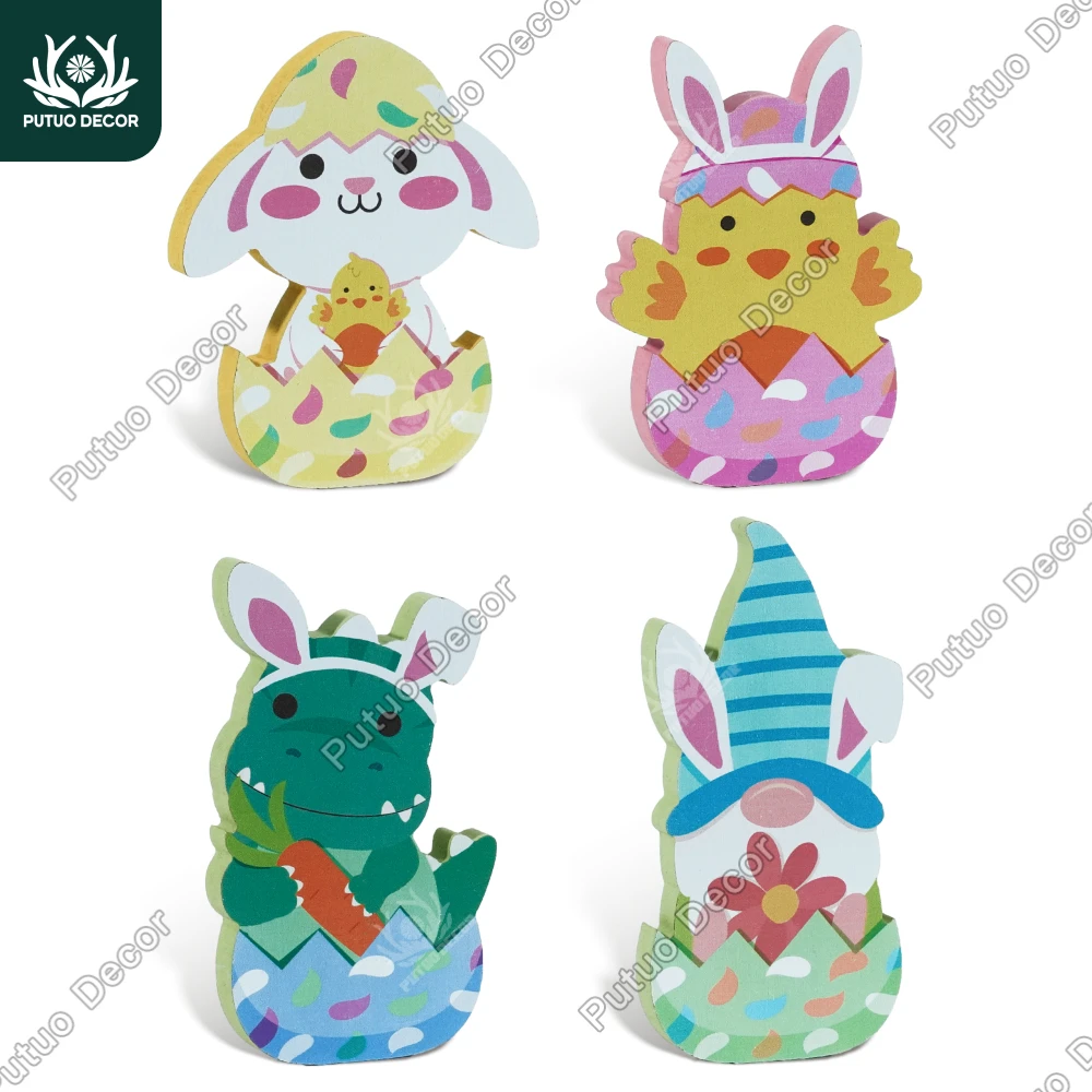 

Putuo Decor 4pc Easter Eggs Wooden Decor, Dinosaur Chick Bunny Gnome, Desktop Decor for Home Dessert Shop Cafe, Easter Gifts