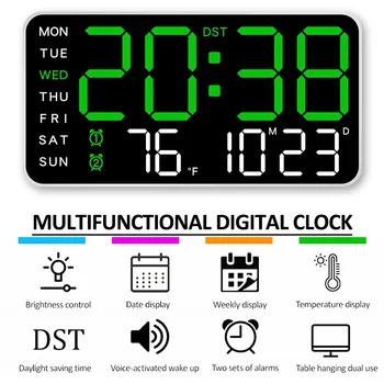 Sprachsteuerung Wecker USB-betriebene LED-Digitaluhren Temperatur Datum Wochenanzeige 12/24 Stunden DST Helligkeitsanpassung 2-Wecker Uhren