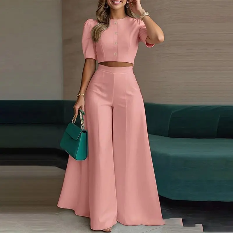 Damskie komplety dwuczęściowe 2026 lato bufiaste rękawy crop top spodnie z wysokim stanem i szerokimi nogawkami elegancki casualowy zestaw do biura