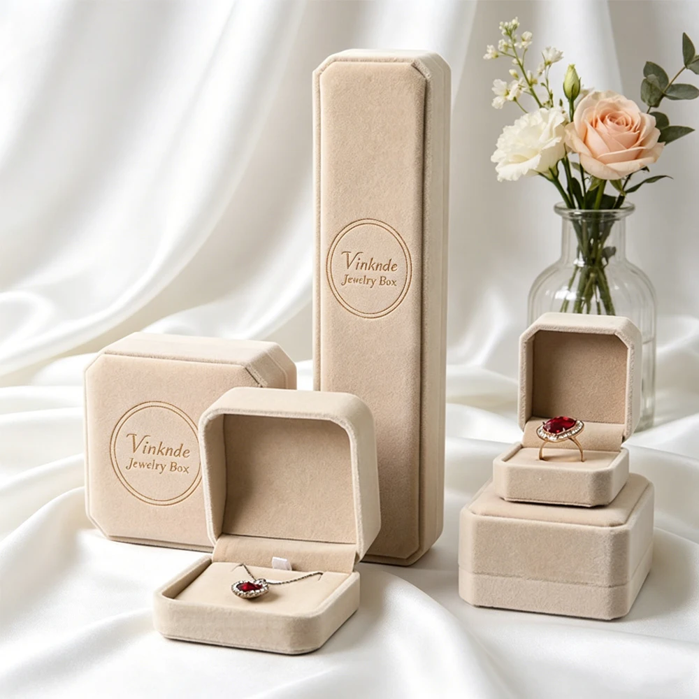 

24Pcs Premium Necklace Bracelet Earring Ring Box Jewellery Packaging Custom logo Hign End Handmade Beige Velvet Jewelry Boxes
