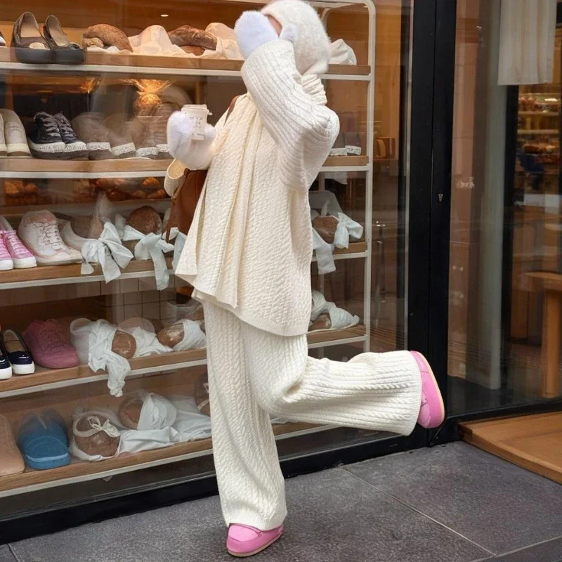 Tauxy moda malha torção terno feminino sólido manga longa pulôver elástico camisola calças compridas casual solto ternos femininos