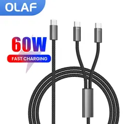 2 IN 1 USB Type C Cable PD 60W Dual Type C Fast Charging Cable For iPhone 15 16 Pro Xiaomi Huawei USB C Mobile Phone Data Cord