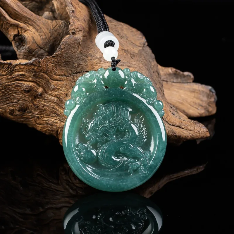 

New Real Natural Burmese Emerald Blue Water Dragon Pendant Jadeite Amulets Designer Fashion Charm Jewelry Gifts for Men Women