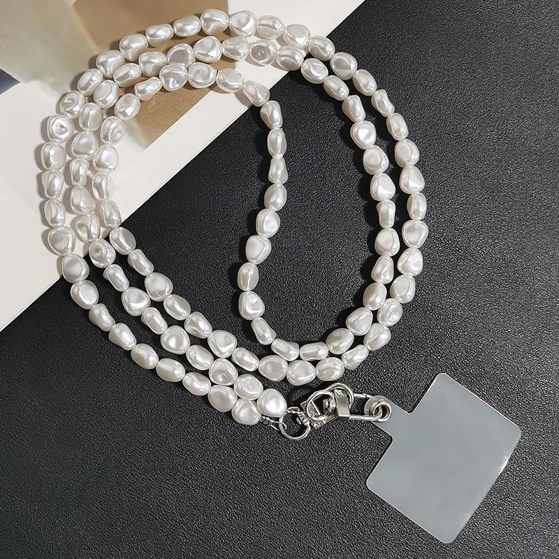 Mobile Phone Lanyard Women's Crossbody Beaded Chain Senior Fashion Flat Pearl Chain Anti-loss Sling Strapclip Phone Charm Strap