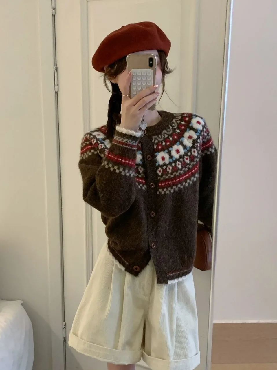 Retro koreański sweter-płaszcz damski z dzianiny, okrągły dekolt, wzór Fair Isle, zapinany na jeden guzik, dzianinowy kardigan zapobiegający starzeniu, jesień-zima N...