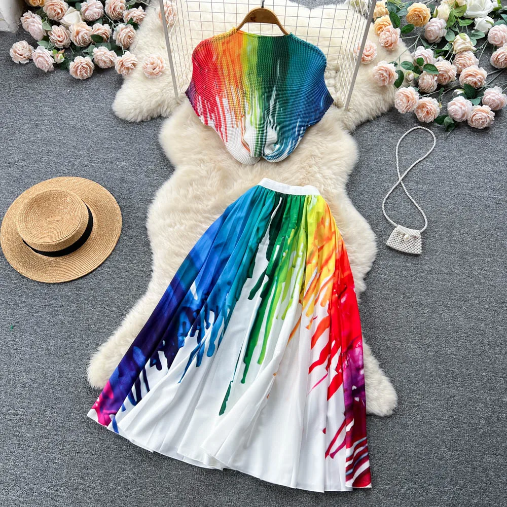 

Pleated New Women Suit Gradient Printing Stand Collar Stretched Pullover Tops + A-Line Long Skirt Casual Party Two Piece Set