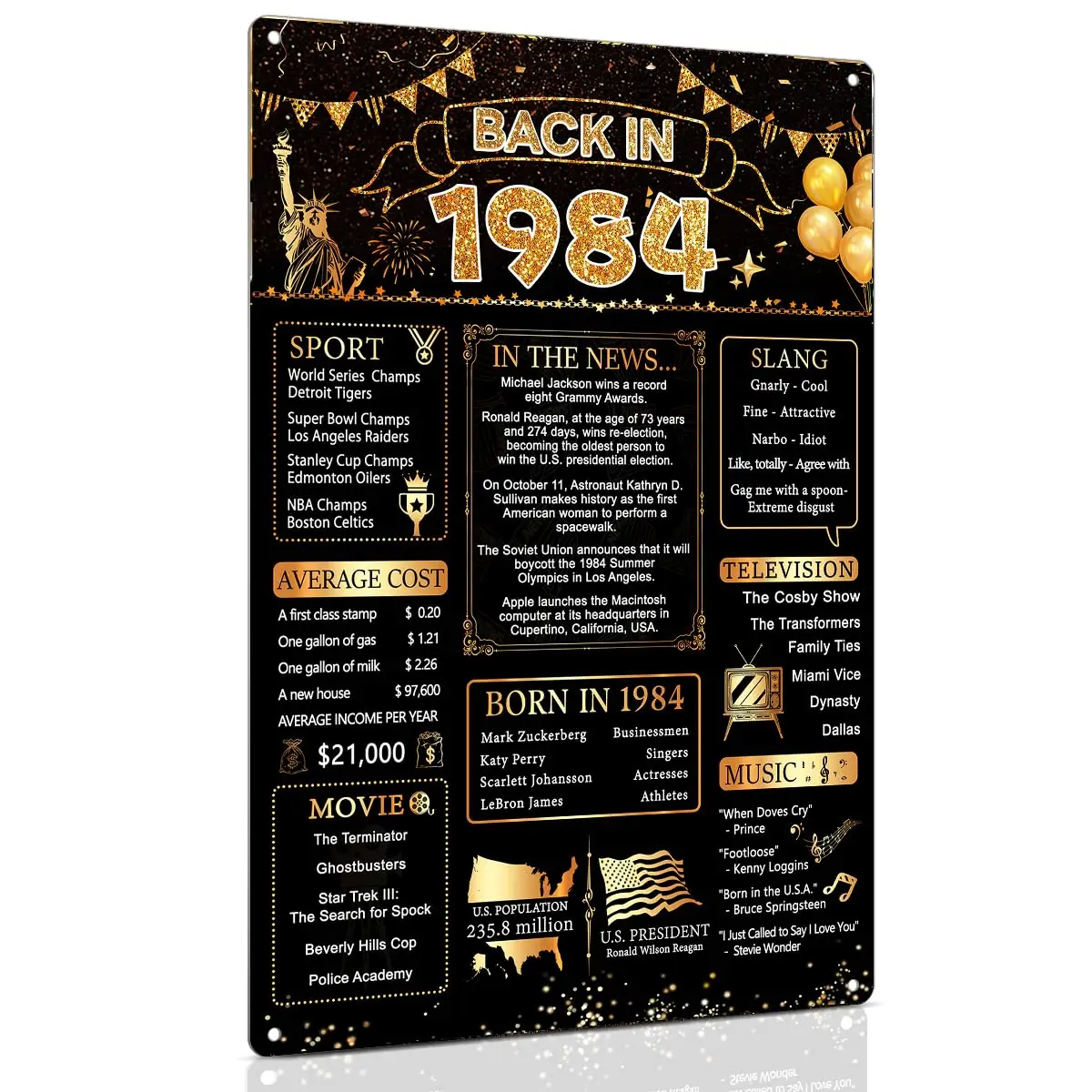 Black Gold 40th Birthday Gift for Women/Men, 8x12 Inch Back in 1984 Poster Sign 40 Birthday Party Decorations, Wedding Anni sign