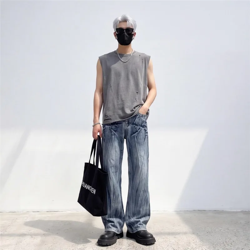 Streetwear Men's Vertical Stripe Jeans Wrinkled Wide Leg Baggy Faded Wash Casual Summer Premium Denim Pants