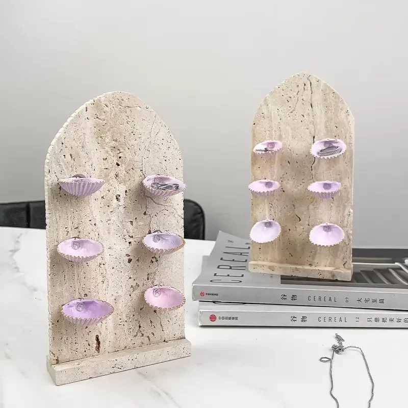SAIDKOCC Natural Marble Jewelry Display Stand 10x19.5cm Travertine Ring Necklace Earrings Bracelet Holder Decorative Case