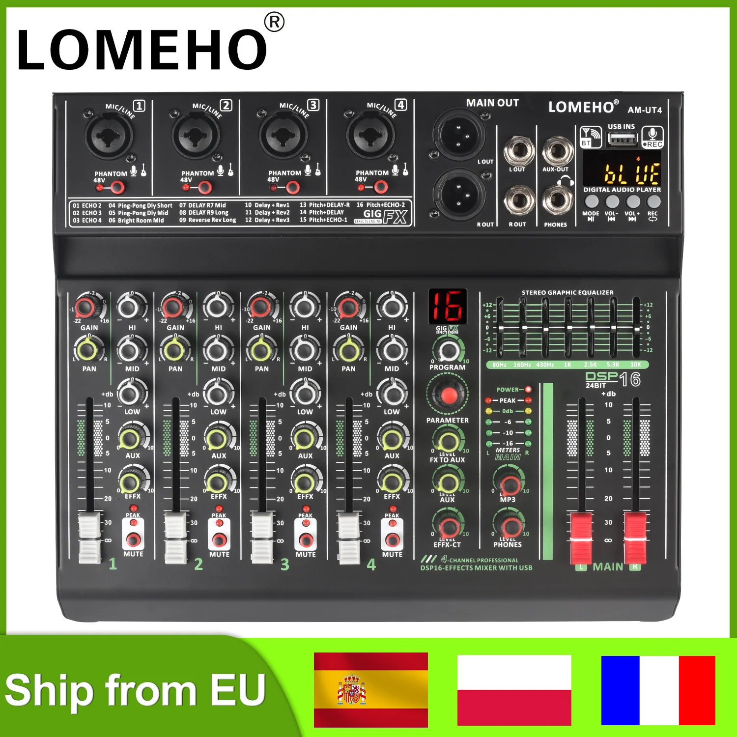 LOMEHO 4 Channels Mixing Console 48V Mute 7 Band EQ Audio Mixer 70mm Volume Fader Sound Table with USB PC Interface AM-UT4