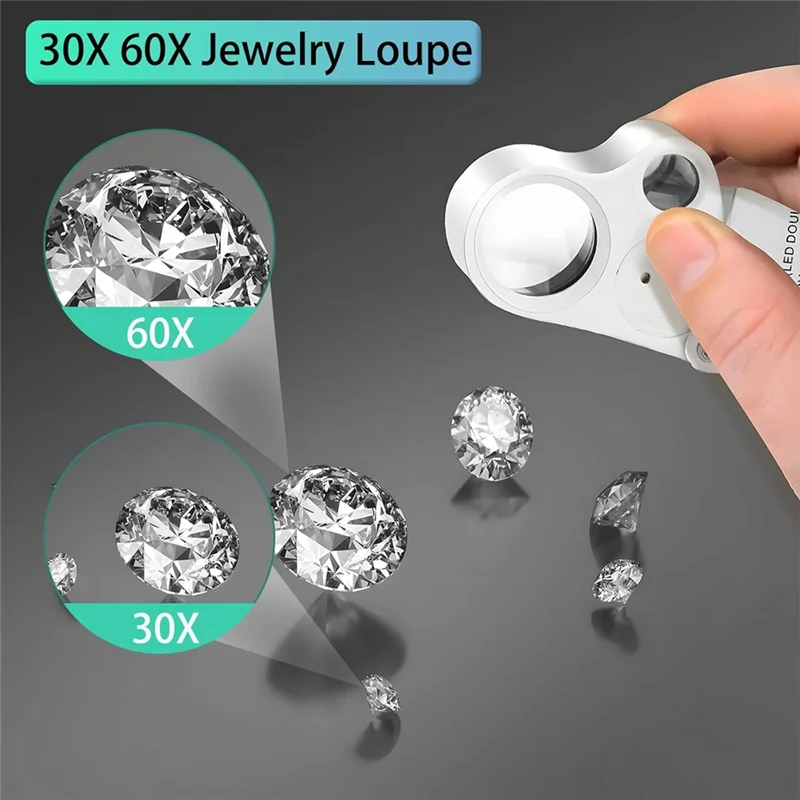 

30X 60X Ювелирная лупа, Ювелирная лупа с подсветкой, Складные ювелирные лупы с яркой светодиодной подсветкой для драгоценных камней