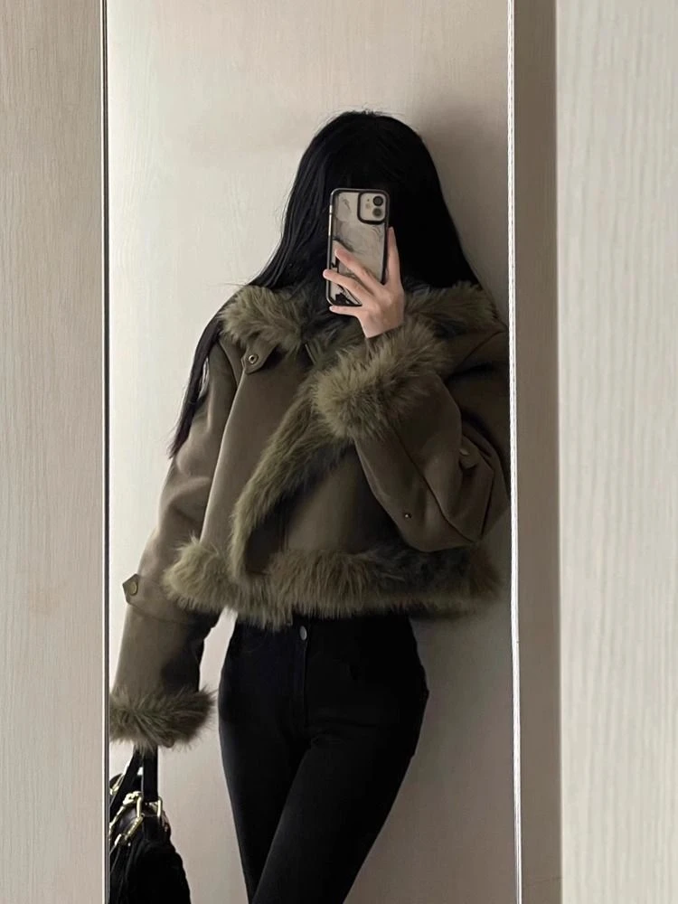 Outwear Korean Fashion Warm Coat Women Casual Long Sleeve Elegant Jackets Chic Fur Y2k Slim Clothing Woman Design 2024 Spring